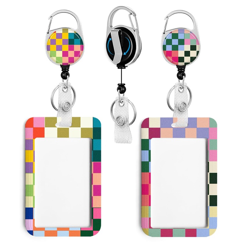 2 Pack Colorful Checkered ID Badge Holder with Clip Badge