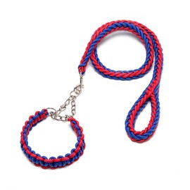 DOTEYAYP Heavy Duty Nylon Dog Collar Leash Set 8 Strand Rope Braided Adjustable Dog Training Collar for Small, Medium, Large Dog (Large, Blue and Red)