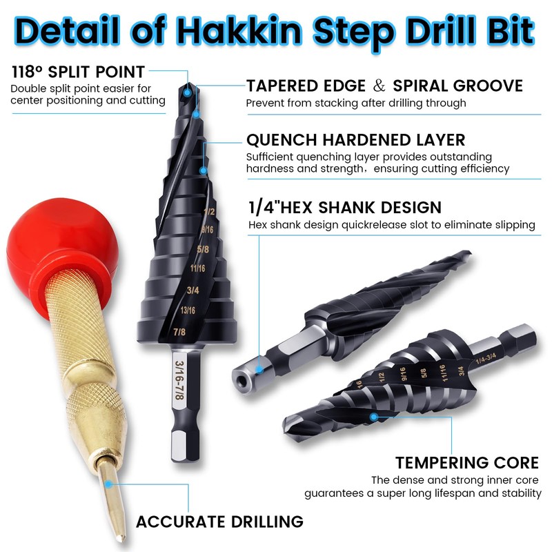 Hakkin 3pcs M35 Cobalt Step Drill Bit for Metal 1/8"-7/8"(34