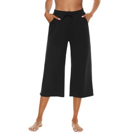 OYANUS Capris for Women Casual Summer Loose Comfy Drawstring Wide Leg Capri Pants with Pockets Black M