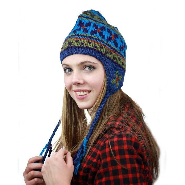 NYFASHION101 Handmade Criss Cross Nepal Ear Flaps Wool Fleece Lined Winter Hat, Blue