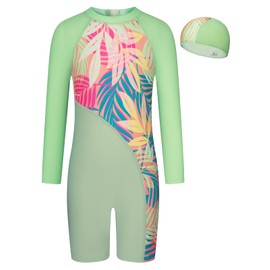 GRACE KARIN Girls One Piece Swimsuits Long Sleeve Bathing Suit UPF 50+ UV Protection Rash Guard for Girls Size 7 Green Leaf