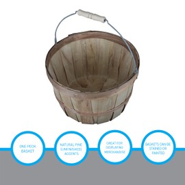 SSWBasics One Peck Basket With Handle - Set of 3 - Natural Unfinished Pine Wood Apple Basket - Durable Bushel Baskets for Produce Display - Ideal for Retail, Thrift, Boutique, Convenience Store,