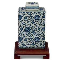 China Furniture Online Blue and White Porcelain Chinese Tea Rectangular Jar with Flowers Motif, Lid Included