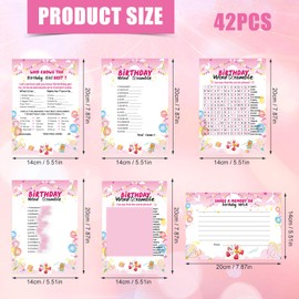BOXOB 42pcs Birthday Party Game Cards with Answer, 4 Styles Who Knows the Birthday Girl Best Birthday Wish Word Scramble Game Pink Birthday Cards Sets for Girls Birthday Sleepover Activity Supplies
