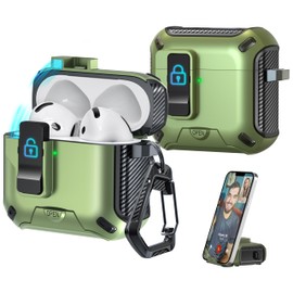 R-fun Compatible with AirPods 4th Generation 2024 Headphone Cases, Fully Drop Proof Auto Eject Protective Cover Design, New Charging Port Dust and Stand Design?Black+Olive Green