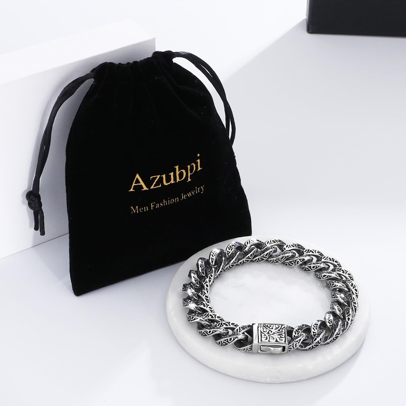 Azubpi 316 Stainless Steel Engraved Cuban Link Bracelet for Men,