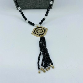 Avon Forever Paula Abdul Black & White Beaded Deco Long Tassel Necklace Boho NEW