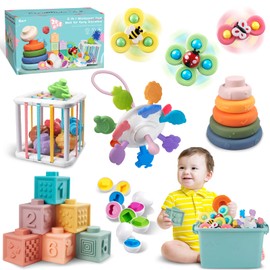 Weilim Weilim Baby Toys for 6 to 12 Months, Montessori Sensory Bins & Teething Toys, 6 in 1 Stacking Blocks, Rings, Eggs, Spinner, Crab Shape, 27 Pieces, Ages 6-36 Months
