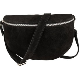 MIRROSI® Women's Bum Bag, Made in Italy, Genuine Leather Shoulder Bag, Chest Bag, Crossbody Bag Made of Genuine Leather, Available in 3 Sizes, Black (suede silver zip)