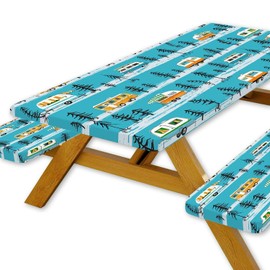 JAWO Picnic Table Cover with Bench Covers, Camper Camping RV Essentials Gear Supplies Outdoor Waterproof Windproof Tablecloth with Elastic, 72in