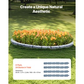 VEVOR Faux Stone Landscape Edging, No Dig Garden Edging Border, Flexible Blocks for Lawn Edging, Flower Beds, Driveway, Yards with 12 Spikes, 4 Pack 24 Bricks 16FT Kit, 46.5" Lx 3.7" W x 2.2" H, Grey