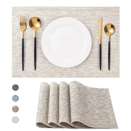 CADONO Placemats Set of 4 Washable Indoor/Outdoor Vinyl Place Mats for Dining Table Durable Non-Slip Heat Resistant PVC Weave Table Mats（Beige）