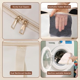 Compression Storage Bags for Down Comforters, Foldable Reusable Organizer for Down Coats, Clothes, Bedding, Blanket, Self Compression Packing Cubes Space Saver Bags with Dual Zipper, 2 Pack 136L Beige