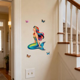 Vibrant Wooden Mermaid Wall Art with 3D Butterfly, 13.2" Ocean Fairy Tale Animal Beach Theme Nautical Hanging Sign for Boys Girls Teens Bedroom Bathroom Pool House Nursery Coastal Space Decor