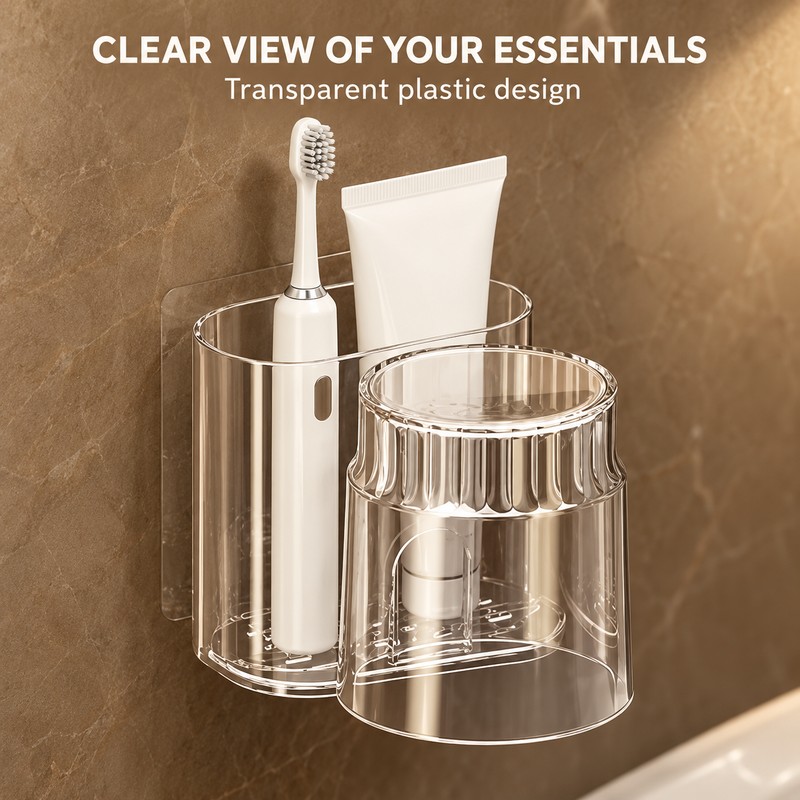 Wall-Mounted Toothbrush Holder with Mouthwash Cup - Transparent 2-Piece Bathroom