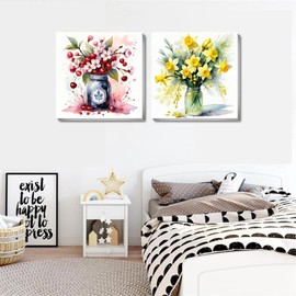 Fotasmua 2 Pack Paint by Numbers Kit for Adults Kids with Wooden Frame, Easy Acrylic Paint by Numbers on Canvas with Paints and Brushes, Flower Paint by Numbers for Kids Present for Wall Decor 8X8Inch