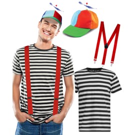 Dreamzfit - Tweedle Dee and Tweedle Dum Costume for Adult ~ Men's Alice in Wonderland Book Week Fancy Dress Set - Stripes T-Shirt Helicopter Hat & Red Braces (S)