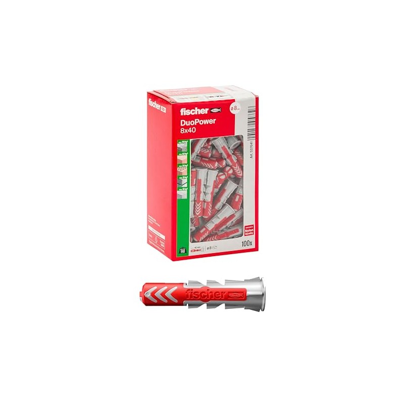 Fischer 537641 Dowel DUOPOWER, Grey/Red, 8 x 40 mm, Pack