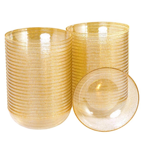 bUCLA 50 pack 12oz Gold Glitter Plastic Bowls-Disposable Crystal Plastic Bowls- Premium Heavy Duty Clear Dessert Bowls for Wedding &Parties