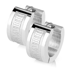 Bungsa Women's Silver Hoop Earrings with Roman Engraving Stainless Steel 1 Pair Surgical Steel (Stud Earrings Hoop Earrings Women Men Fashion Stainless Steel), Stainless Steel, No Gemstone