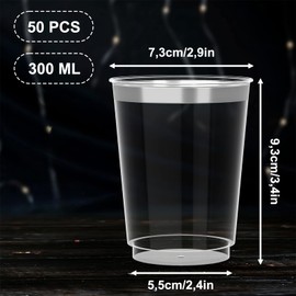 AUTOWNLUX Pack of 50 Hard Plastic Cups with Silver Rim, 300 ml/10 oz Plastic Drinking Cups, Reusable Transparent Party Cups for Party, Wedding, Birthday