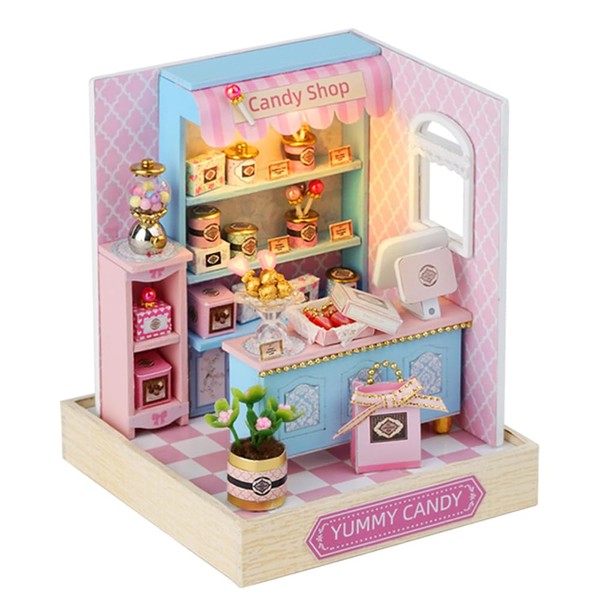 TuKIIE DIY Miniature Dollhouse Kit with Furniture, 1:24 Scale Creative Room Mini Wooden Doll House Plus Dust Proof for Kids Teens Adults(Yummy Candy)