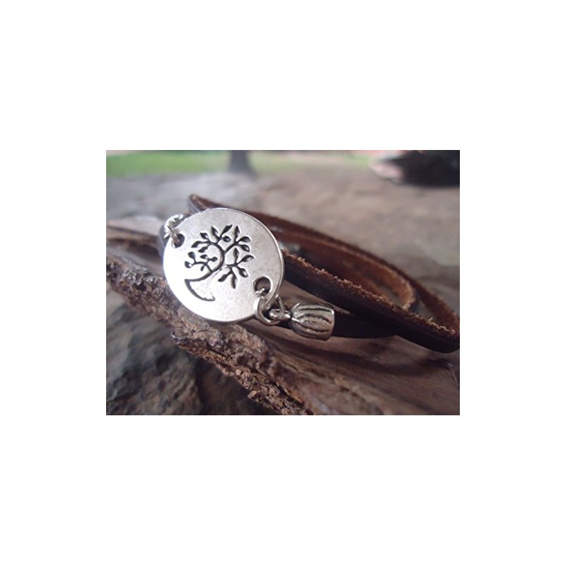 ✿ Ethnic natural tree and leather ✿ wrap bracelet
