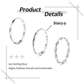 MILACOLATO 3Pcs 925 Sterling Silver Rings for Women Men 18K White Gold Plated Plain Band Knuckle Stacking Thumb Rings Diamond-Cut Wave Stackable Ring Set Comfort Fit Size 10
