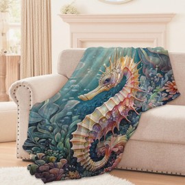 Lugiu Colorful Seahorse Blanket, Lightweight Comfy Fantasy Marine Life Blankets for Couch Sofa Bedroom, Soft Plush Travel Flannel Throw Blanket Gifts for Adults Kids Women, Home Decor 60×50in