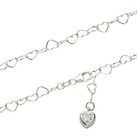 NKlaus 1732 Women's Anklet 925 Sterling Silver Width 4.4 mm Heart Chain with Zirconia White Lobster Clasp 25 cm, Sterling Silver, Cubic Zirconia