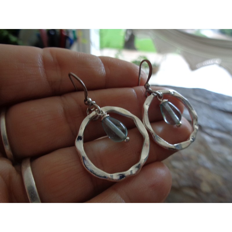 ✿ GEHÄMMERTER RING & GLASTROPFEN ✿ Boho Ohrringe in hellblau