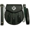Uneed 100% BLACK LEATHER SPORRAN WITH THISTLE AND 3 TASSELS