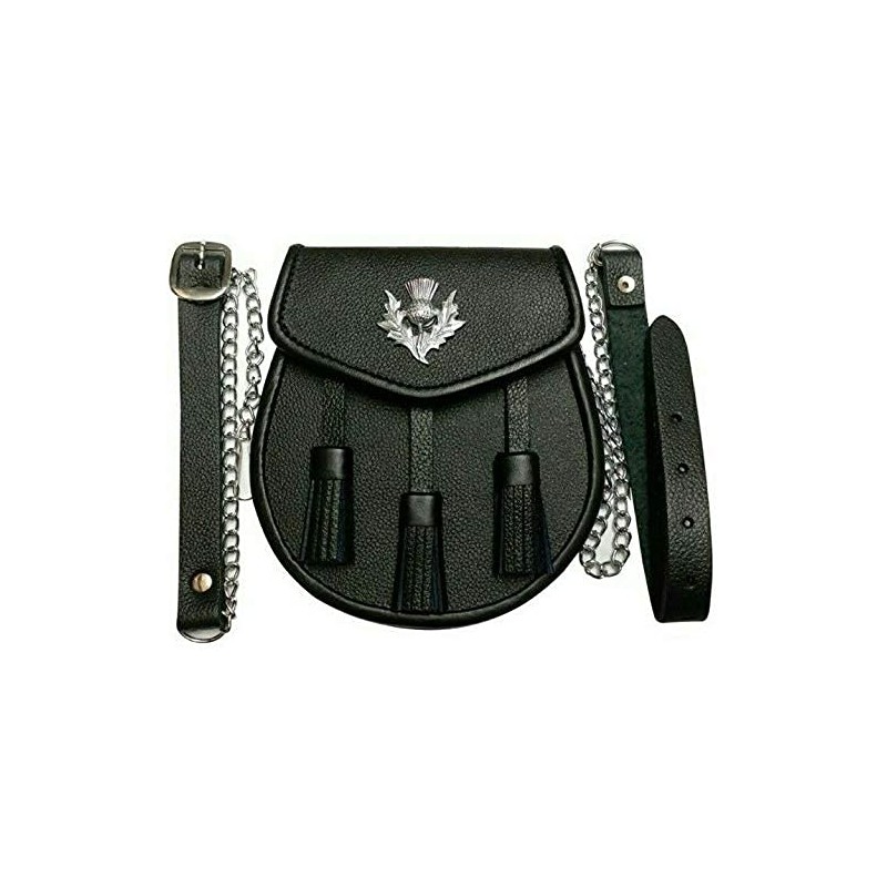 Uneed 100% BLACK LEATHER SPORRAN WITH THISTLE AND 3 TASSELS