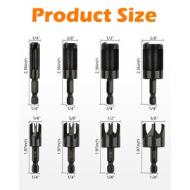 AOKLIT Plug Cutter, 8Pcs Wood Plug Cutters Drill Bit Set with 1/4 Hex Shank, Straight and Tapered Taper Cutting Tool 1/4", 5/8", 3/8", 1/2", Black