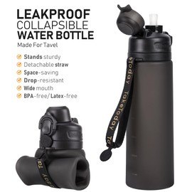 TakeToday Collapsible Water Bottles 21oz 2 Pack, Leak Proof, BPA-Free, Foldable Silicone Travel Water Bottle with Straw Strap for Traveling, Outdoor (Black&Jungle)