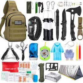 Emergency Survival Kit, 151 Pcs Survival Gear First Aid Kit, Outdoor Trauma Bag with Tactical Flashlight Knife Pliers Pen Blanket Bracelets Compass for Camping Earthquake or Adventures (Khaki)