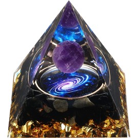 Orgone Pyramid for Positive Energy, Amethyst Crystal Sphere Pyramid, Protection Crystals Energy Generator for Stress Reduce Healing Meditation Attract Wealth Lucky (Amethyst Galaxy)
