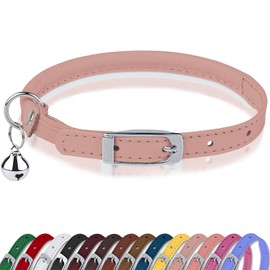 OOPSDOGGY Rolled Leather Cat Collar with Bell, Reflective Kitten Collars with Buckle Include Safety Elastic Strap - Adjustable Small Pet Collars for Boy Girl Cats (Blush)