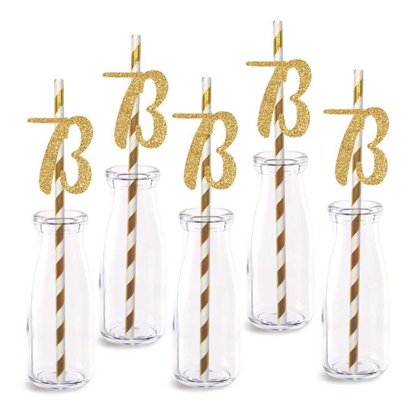 73rd Birthday Paper Straw Decor, 24-Pack Real Gold Glitter Cut-Out Numbers Happy 73 Years Party Decorative Straws