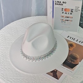 Womens Men Classic Wide Brim Party Fedora Hats Shiny Rhinestone Wedding Felt hat Lady Panama Jazz Hat White