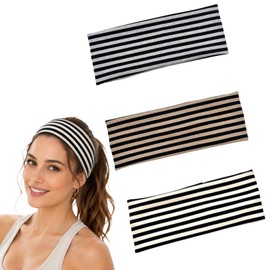 3 Pcs Striped Headbands for Women Elastic Wide Hair Bands Soft Fabric for Fitness Yoga Sports
