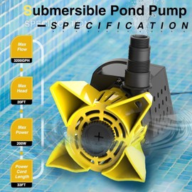 QIOMALA Pond Pump, 3200 GPH 200 W Submersible Water Pump with 33 FT Power Cord, 2 Hose Adapters, Barrier Bag, 20 FT Lift Height for Outdoor, Garden Ponds, Waterfalls, Fountains, Yellow
