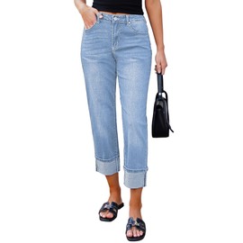 luvamia Straight Leg Jeans for Women Trendy Cropped Jeans High Waisted Cuffed Lagoon Blue Boyfriend Jeans for Women High Waist Jeans High Waist Pants Women Size Medium Fits Size 8 Size 10