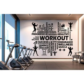 Workout Vinyl Gym Wall Decal, Inspirational Words, Gym Decal, Fitness Collage, Gym Wall Art Gym Decor Gym Wall Decor Motivational Art 032RS (Black, 44x54)