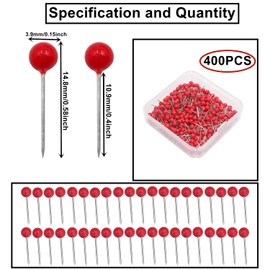 HUAZIZ Pack of 400 Map Nail Push Pins, Round Head Pins, Map Pins, Map Push Pins, Metallic Round Head with Stainless Steel Tip, Red, 4 mm