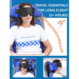 SARISUN Travel Pillows for Airplanes, Airplane Pillow for Long Flight, Airplane Head Strap with Sleep Eye Mask, 360° Support Headrest for Car Trip, Travel Essentials Stop Bobblehead, Mottled Blue