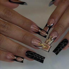 Square Press on Nails Long Brown Artificial Fake Nails with Rhinestones Designs Acrylic Nail Press Ons Stick on Nail for Women 24pcs