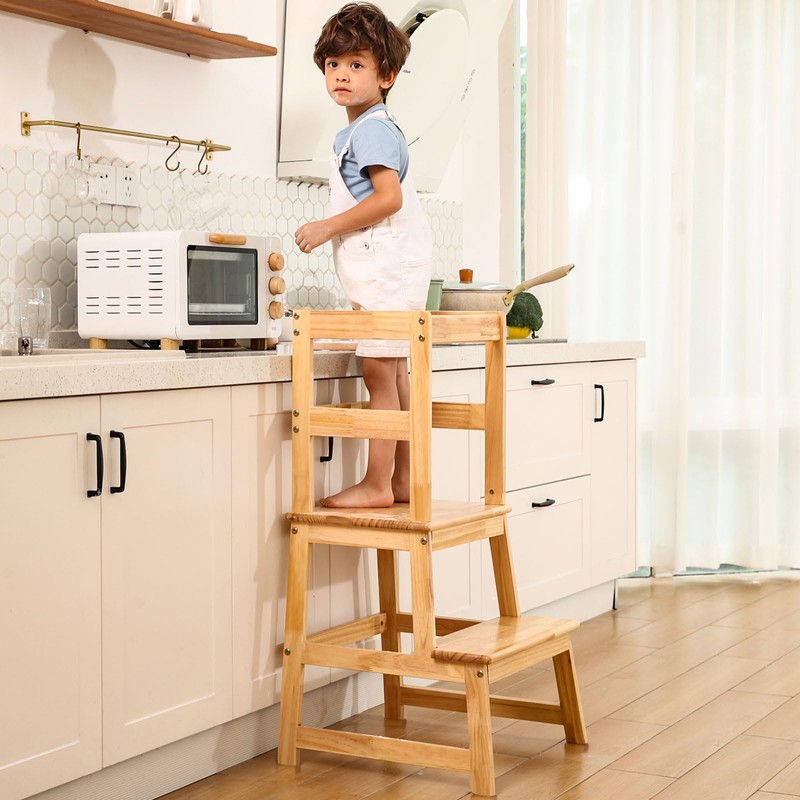 Kitchen Step Stool for Kids with Safety Rail,Solid Wood Construction