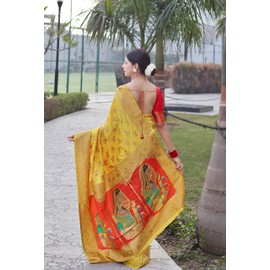 KNETLI Banarasi Cotton Silk Saree for women indian traditional saree with pure zari work saree for womens with unstitiched blouse YELLOW HARAN